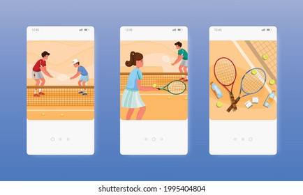 Coach teaching kids to play tennis on the court. Mobile app screens, vector website banner template. UI, web site design