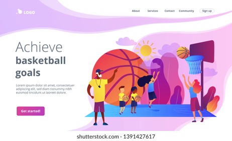 Coach Teaching And Kids Practicing Basketball In Summer Camp, Tiny People. Basketball Camp, Academy, Achieve Basketball Goals Concept. Website Homepage Landing Web Page Template.