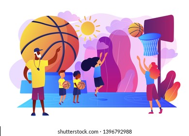 Coach Teaching And Kids Practicing Basketball In Summer Camp, Tiny People. Basketball Camp, Academy, Achieve Basketball Goals Concept. Bright Vibrant Violet Vector Isolated Illustration