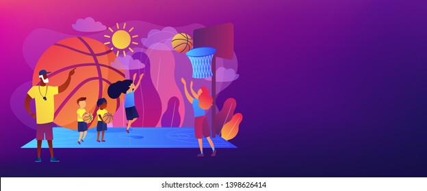 Coach Teaching And Kids Practicing Basketball In Summer Camp, Tiny People. Basketball Camp, Academy, Achieve Basketball Goals Concept. Header Or Footer Banner Template With Copy Space.