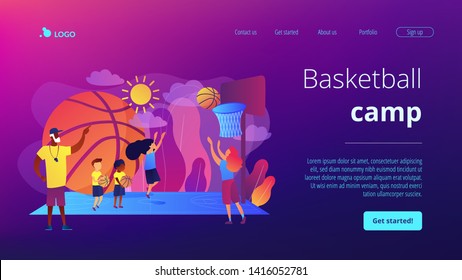 Coach Teaching And Kids Practicing Basketball In Summer Camp, Tiny People. Basketball Camp, Achieve Basketball Goals Concept. Website Homepage Landing Web Page Template.