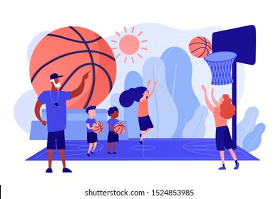 Coach Teaching And Kids Practicing Basketball In Summer Camp, Tiny People. Basketball Camp, Academy, Achieve Basketball Goals Concept. Pinkish Coral Bluevector Isolated Illustration