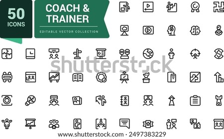 Coach and trainer icons set. Outline set of coach vector icons for ui design. Outline icons pack. Editable vector line icon set and illustration for web and UI application.
