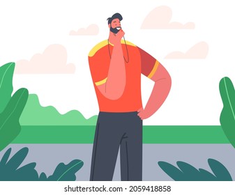 Coach or Trainer Male Character Whistle. Instructor Wear Sports Suit Stand on Stadium Conduct Workout or Exercises. Handsome Muscular Young Man Healthy Lifestyle. Cartoon People Vector Illustration