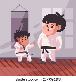 Coach is training karate with his student in white kimono using blackbelt father and son in dojo modern cartoon flat color isolated background vector illustration