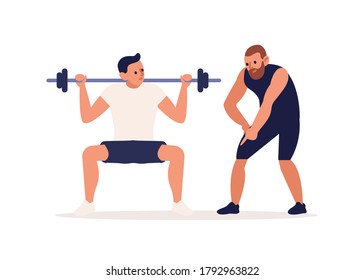 Coach training male client making squat with barbell vector flat illustration. Athletic personal trainer and man performing physical exercise at gym isolated on white. Muscle pumping or bodybuilding