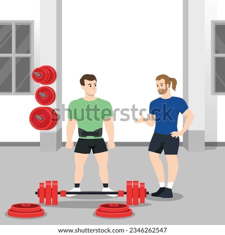 Coach training male client making squat with barbell vector flat illustration. Athletic personal trainer and man performing physical exercise at gym. Flat vector illustration isolated on white backgro