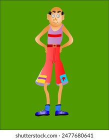 Coach in uniform standing with hands on hips on field. Vector illustration.