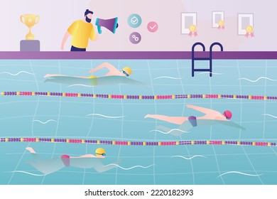 Coach uses megaphone and trains swimmers in pool. Male instructor watches as an sportsmen performs tasks and controls speed and time. Strong athletes have swimming lessons in pool. Vector illustration