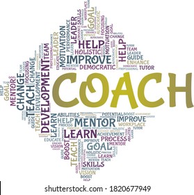 Coach, Vektorgrafik Wort Cloud einzeln auf weißem Hintergrund.