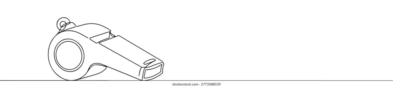 Coach whistle continuous line drawing, minimalist sports signal sketch isolated on wide white background