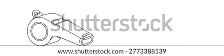 Coach whistle continuous line drawing, minimalist sports signal sketch isolated on wide white background