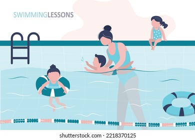 Coach woman teaching children, swimming class. School kids group in swimming pool. Happy small kids characters in poolside, wearing rubber rings, training, learning to swim. Flat vector illustration