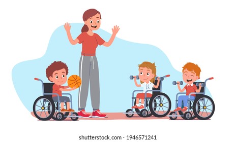 Coach Woman Training Disabled Girls, Boys Kids In Wheelchairs, Doing Exercises. Children Lifting Dumbbells, Playing Ball. Wheelchair Adaptive Sports, Rehabilitation Therapy. Flat Vector Illustration