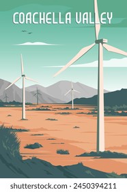 Coachella Valley vintage travel poster in spring season illustration design, windmill illustration poster design