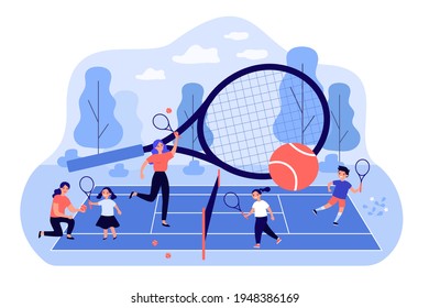 Coaches And Children Playing At Tennis Court. Adults Teaching Kids Play Tennis With Rackets And Balls In Summer Camp. Sport, Group Activity, Training And Education Flat Vector Colorful Illustration