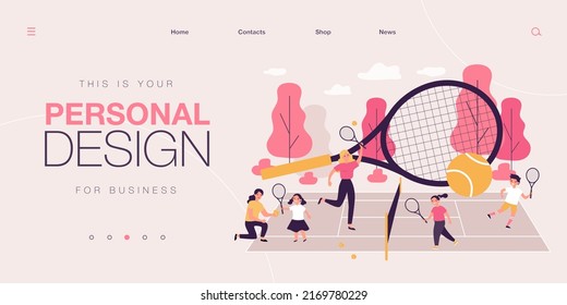 Coaches and children playing at tennis court. Adults teaching kids play tennis with rackets and balls in summer camp. Sport, group activity, training and education flat vector colorful illustration