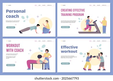 Coaches help people workout using sports equipment in gym. Web app for creating effective programs trainings, advice to physical exercises from personal trainer. Vector illustration