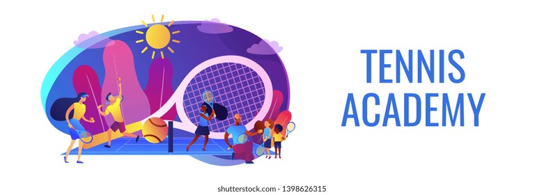 Coaches and kids on the court practicing with rackets in summer camp, tiny people. Tennis camp, tennis academy, junior tennis training concept. Header or footer banner template with copy space.