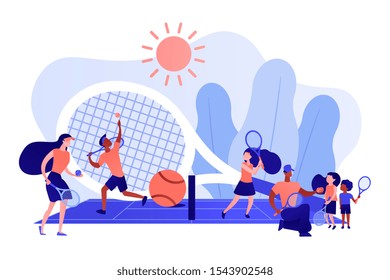 Coaches and kids on the court practicing with rackets in summer camp, tiny people. Tennis camp, tennis academy, junior tennis training concept. Pinkish coral bluevector isolated illustration