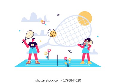 Coaches and kids on the court practicing with rackets in summer camp, tiny people. Tennis camp, tennis academy, junior tennis training concept. Bright vibrant violet vector isolated illustration