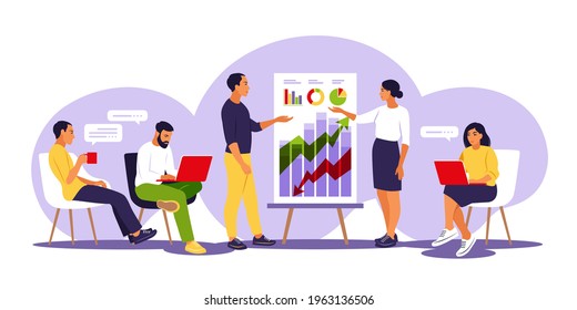 Coaches speaking before audience, presenting charts and reports. Training of employee. Team thinking and brainstorming. Vector illustration. Isolated flat.