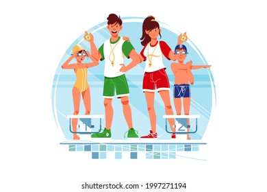 Coaches and swimmers vector illustration. Children wearing bright sportswear flat style. Swimming class. Sport and active lifestyle concept. Isolated on white background