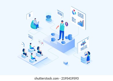 Coaching 3d isometric web design. People listen to business coach at conference and improve their professional skills, the coach optimizes business processes and workflow. Vector web illustration