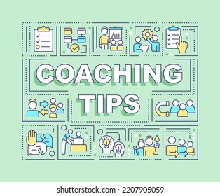 Coaching advices word concepts green banner. Become better mentor. Infographics with editable icons on color background. Isolated typography. Vector illustration with text. Arial-Black font used