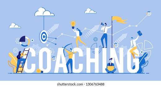 Coaching Banner. Business People Aiming Target. Marketing and Advertising. Working on Ideas. Teamwork and Training. Corporate Education. Inspirational Courses. Company Workshop. Vector EPS 10.