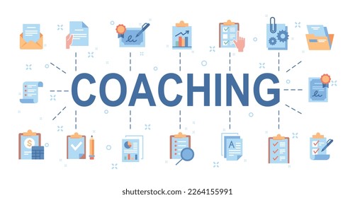 Coaching banner concept. Education and training, selfdevelopment. Motivation and leadership, business processes. Icon collection with time management, goal setting. Cartoon flat vector illustration