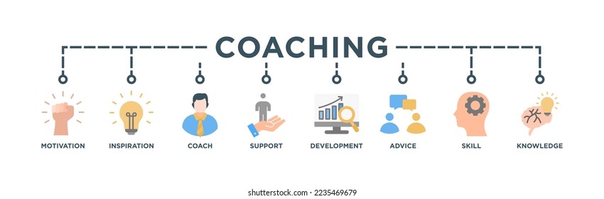 Coaching banner web icon for coaching and success, motivation, inspiration, teaching, coach, learning, knowledge, support and advice. Minimal vector infographic	
