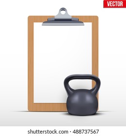 Coaching blank clipboard and gym weight kettlebell. Editable Vector illustration Isolated on white background.