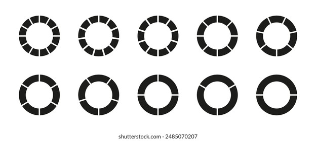 Coaching blank. Wheel round divided with two, three, four, five, six, seven, eight, nine, ten, eleven segments. Infographic diagrams. Circle division on 2, 3, 4, 5, 6, 7, 8, 9, 10, 11 equal parts. Eps