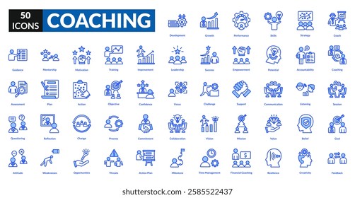 Coaching blue icon collection set. Includes mentoring, training, guidance, leadership, support, development, skills, strategy, motivation, improvement, feedback, expertise, learning, success