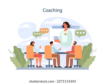 Coaching, business advise or consultation. Human resources manager soft skills. HR agent competencies and professional ethic. Personnel efficiency improvement. Flat vector illustration