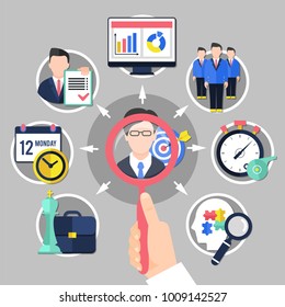 Coaching and business concept with progress symbols on grey background flat vector illustration
