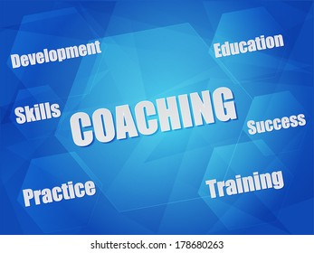 coaching and business concept words in hexagons over blue background, flat design, vector
