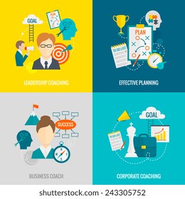 Coaching conceito de design de negócios conjunto com liderança corporativa de negócios coaching eficaz planejamento planos ícones isolados ilustração vetorial