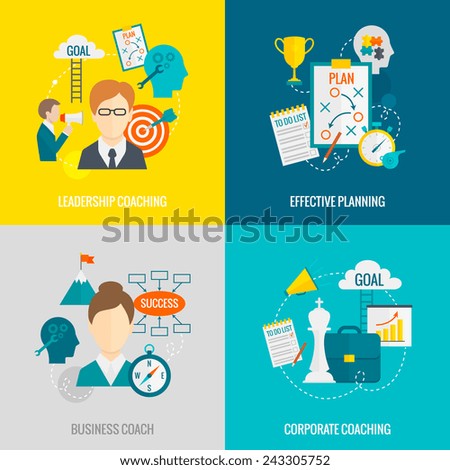 Coaching business design concept set with business corporate leadership coaching effective planning flat icons isolated vector illustration