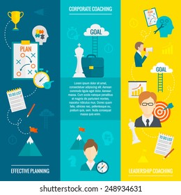 Coaching business flat vertical banner set with leadership effective planning corporate elements isolated vector illustration