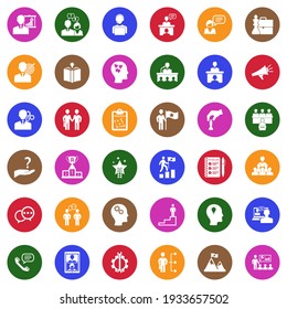 Coaching Business Icons. White Flat Collection In Circle. Vector Illustration.