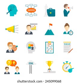 Coaching Business Leadership Management And Teamwork Motivation Icon Flat Set Isolated Vector Illustration