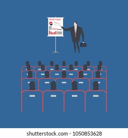 Coaching. Businessman making presentation in classroom. Boss and Roll-up. office life vector illustration.