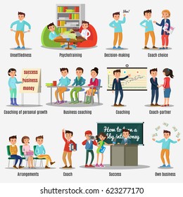 Coaching characters set with different kinds of training teaching and motivations isolated vector illustration