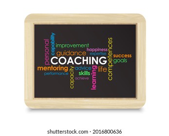 COACHING colorful vector word cloud on mini blackboard on white background