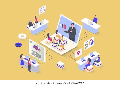 Coaching concept in 3d isometric design. Business coach making lecture for company employees, improves sales performance and profit. Vector illustration with isometry people scene for web graphic