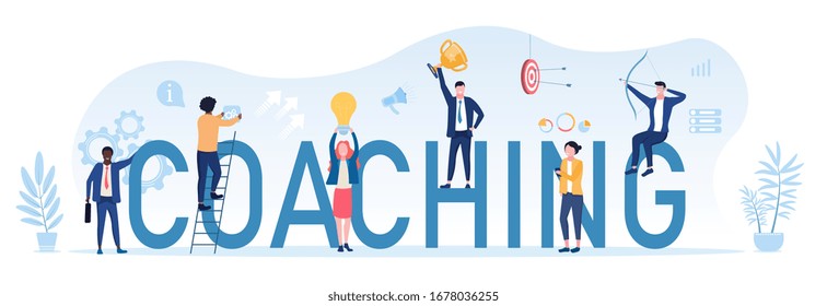 Coaching concept for business achievements with a group of people and businessman on large text - Coaching - with target, cups and awards in cool blue, vector illustration