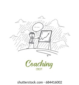 Coaching concept. Hand drawn coach near chipboard teaching people. Training process isolated vector illustration.