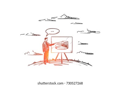 Coaching concept. Hand drawn man coach near board. Male person in suit with pointer coaching isolated vector illustration.